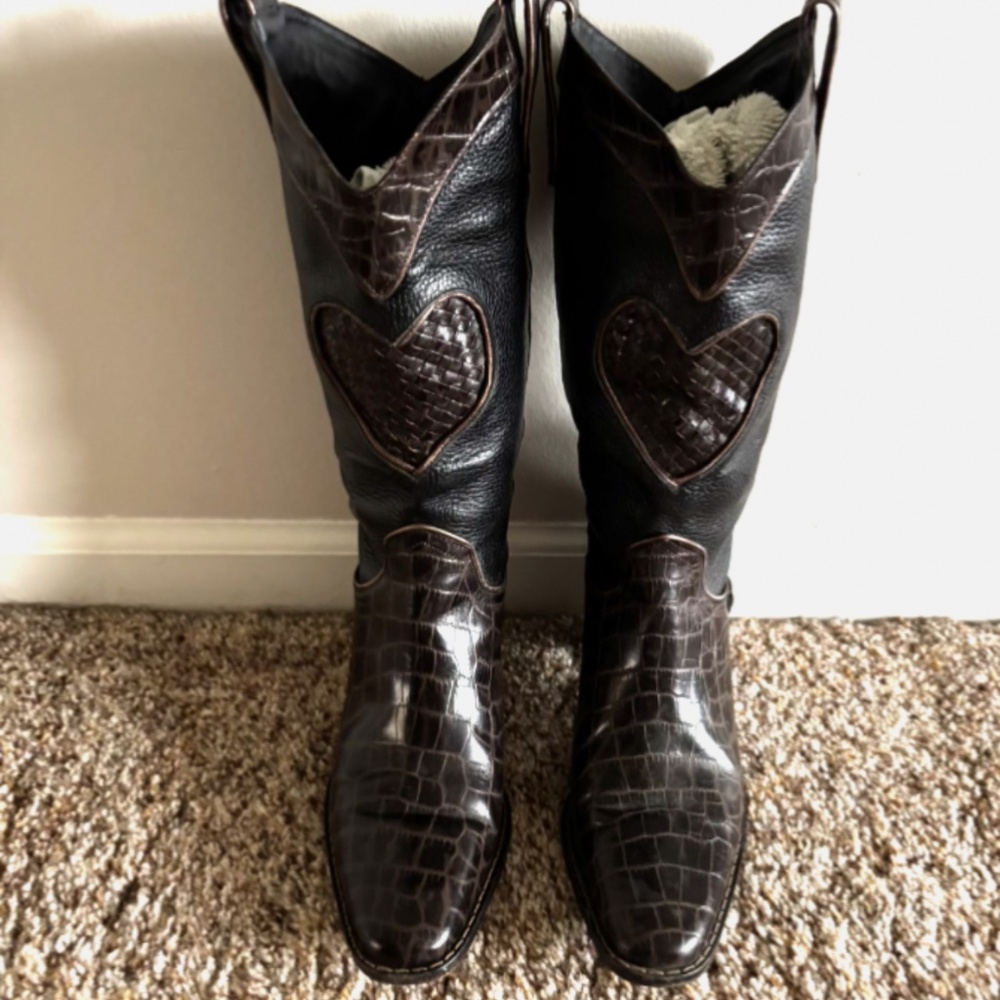 VTG Brighton Brown/Black Toby Mid High Croc Leather Cowboy Boots Womens Size 7M